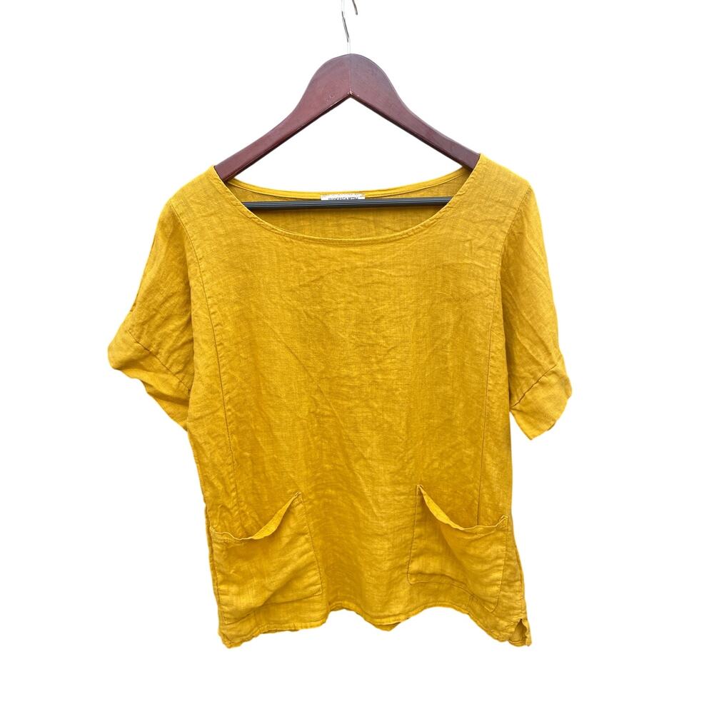 Francesca Bettini 100% Linen Top Blouse Size Large Yellow Mustard Italy Pockets